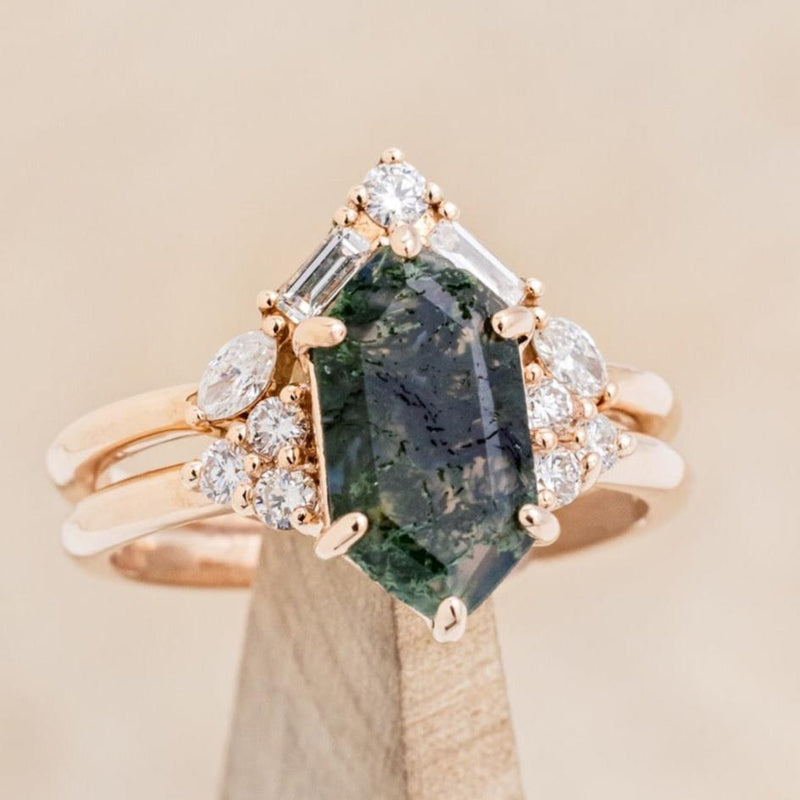 "OCTAVIA" - BRIDAL SUITE - ELONGATED HEXAGON MOSS AGATE ENGAGEMENT RING WITH DIAMOND ACCENTS & TRACERS-7