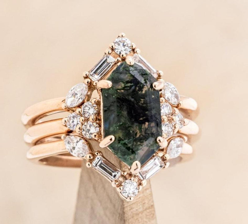 "OCTAVIA" - BRIDAL SUITE - ELONGATED HEXAGON MOSS AGATE ENGAGEMENT RING WITH DIAMOND ACCENTS & TRACERS-1