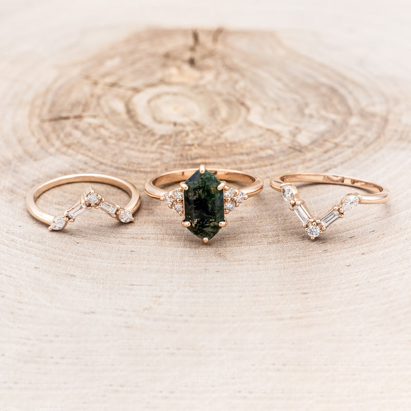 "OCTAVIA" - BRIDAL SUITE - ELONGATED HEXAGON MOSS AGATE ENGAGEMENT RING WITH DIAMOND ACCENTS & TRACERS-6