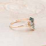 "OCTAVIA" - ELONGATED HEXAGON MOSS AGATE ENGAGEMENT RING WITH DIAMOND ACCENTS - READY TO SHIP