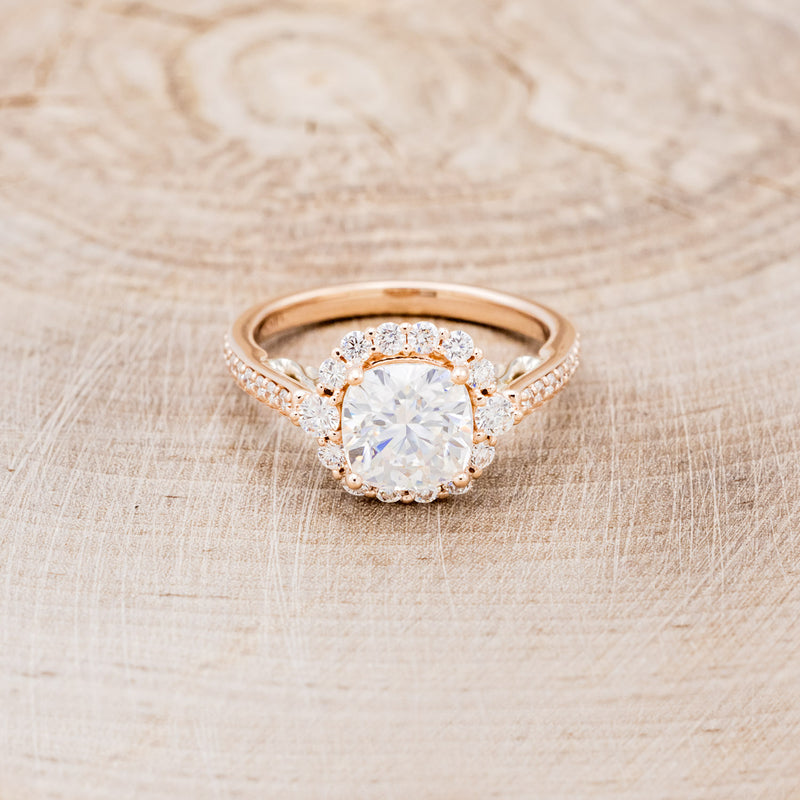 "OPHELIA" - CUSHION CUT MOISSANITE ENGAGEMENT RING WITH DIAMOND HALO &  ACCENTS