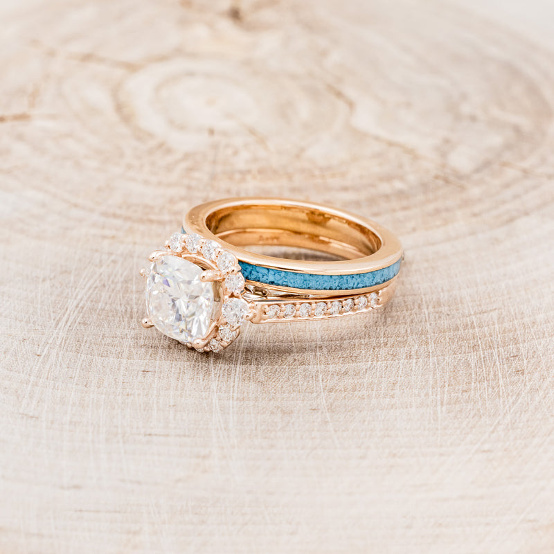 "OPHELIA" - CUSHION CUT MOISSANITE ENGAGEMENT RING WITH TURQUOISE STACKING BAND