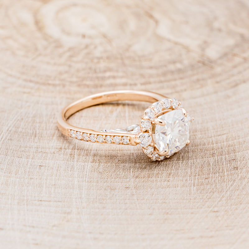 "OPHELIA" - CUSHION CUT MOISSANITE ENGAGEMENT RING WITH DIAMOND HALO & ACCENTS- 14K ROSE GOLD - SIZE 6