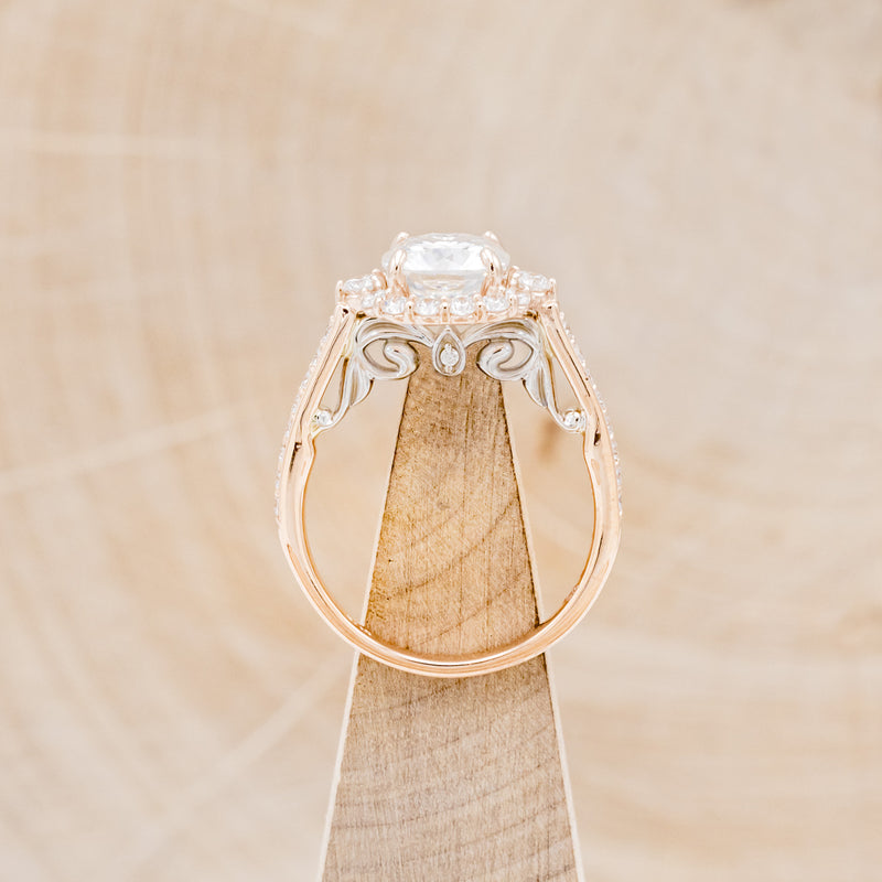 "OPHELIA" - CUSHION CUT MOISSANITE ENGAGEMENT RING WITH DIAMOND HALO & ACCENTS- 14K ROSE GOLD - SIZE 6-4