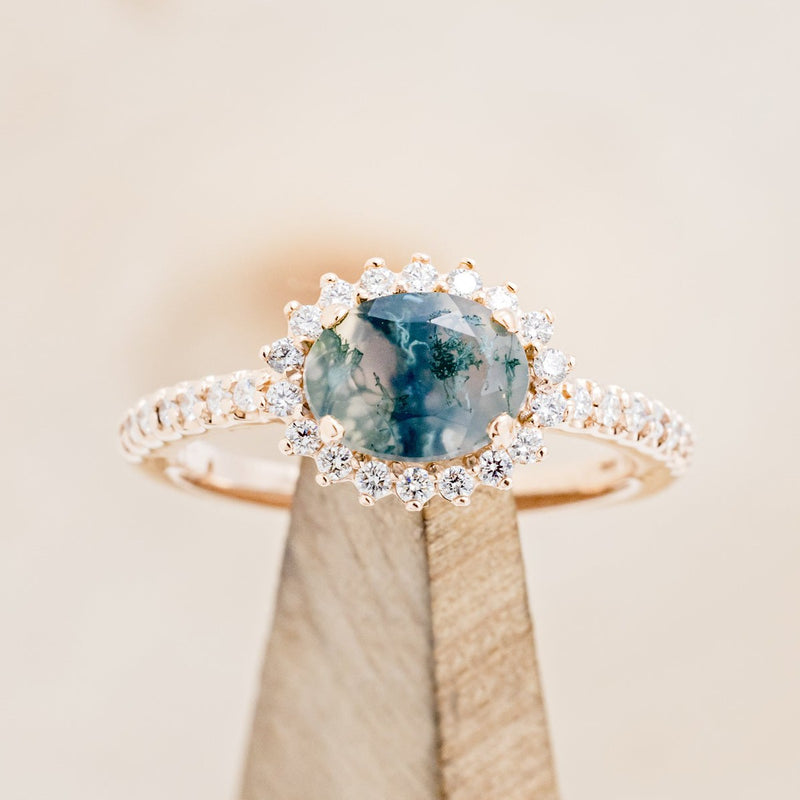 "WHIMSY" - OVAL-SHAPED MOSS AGATE ENGAGEMENT RING WITH DIAMOND ACCENTS
