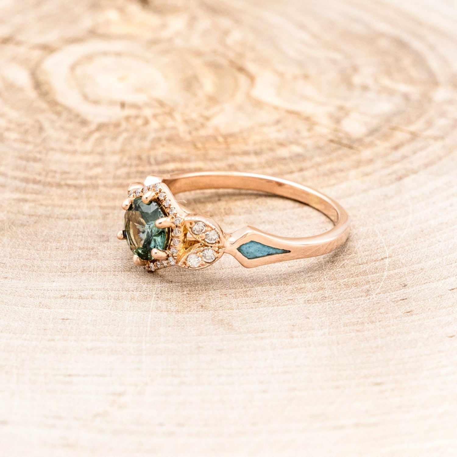 "LUCY IN THE SKY" PETITE - ROUND CUT MONTANA SAPPHIRE ENGAGEMENT RING WITH DIAMOND ACCENTS & TURQUOISE INLAYS-15