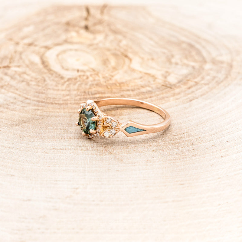 "LUCY IN THE SKY" PETITE - ROUND CUT MONTANA SAPPHIRE ENGAGEMENT RING WITH DIAMOND ACCENTS & TURQUOISE INLAYS