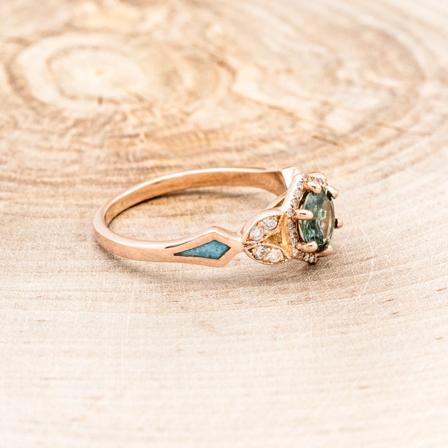 "LUCY IN THE SKY" PETITE - ROUND CUT MONTANA SAPPHIRE ENGAGEMENT RING WITH DIAMOND ACCENTS & TURQUOISE INLAYS-14