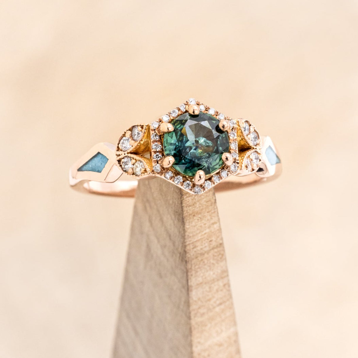 "LUCY IN THE SKY" PETITE - ROUND CUT MONTANA SAPPHIRE ENGAGEMENT RING WITH DIAMOND ACCENTS & TURQUOISE INLAYS-13