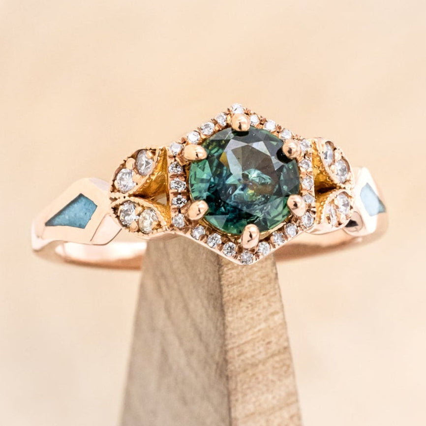 "LUCY IN THE SKY" PETITE - ROUND CUT MONTANA SAPPHIRE ENGAGEMENT RING WITH DIAMOND ACCENTS & TURQUOISE INLAYS-13