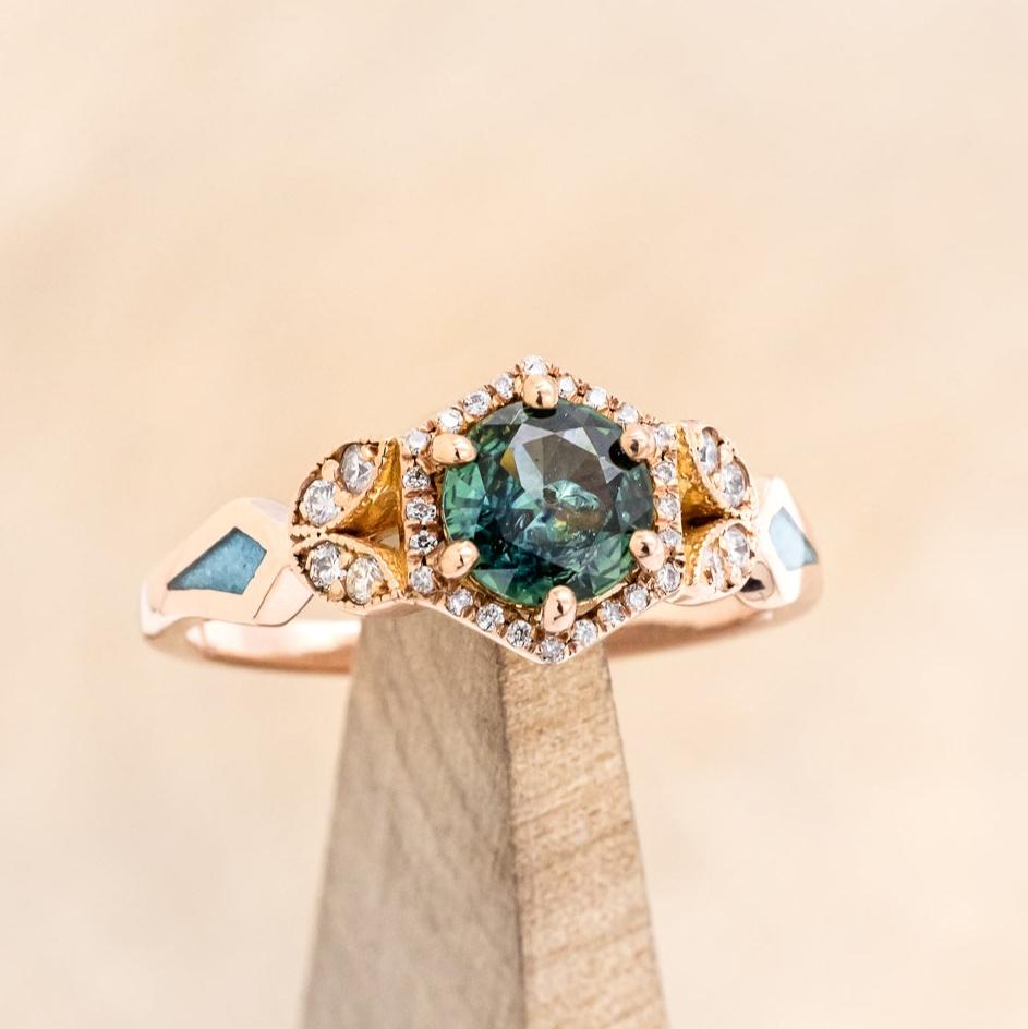 "LUCY IN THE SKY" PETITE - ROUND CUT MONTANA SAPPHIRE ENGAGEMENT RING WITH DIAMOND ACCENTS & TURQUOISE INLAYS-13