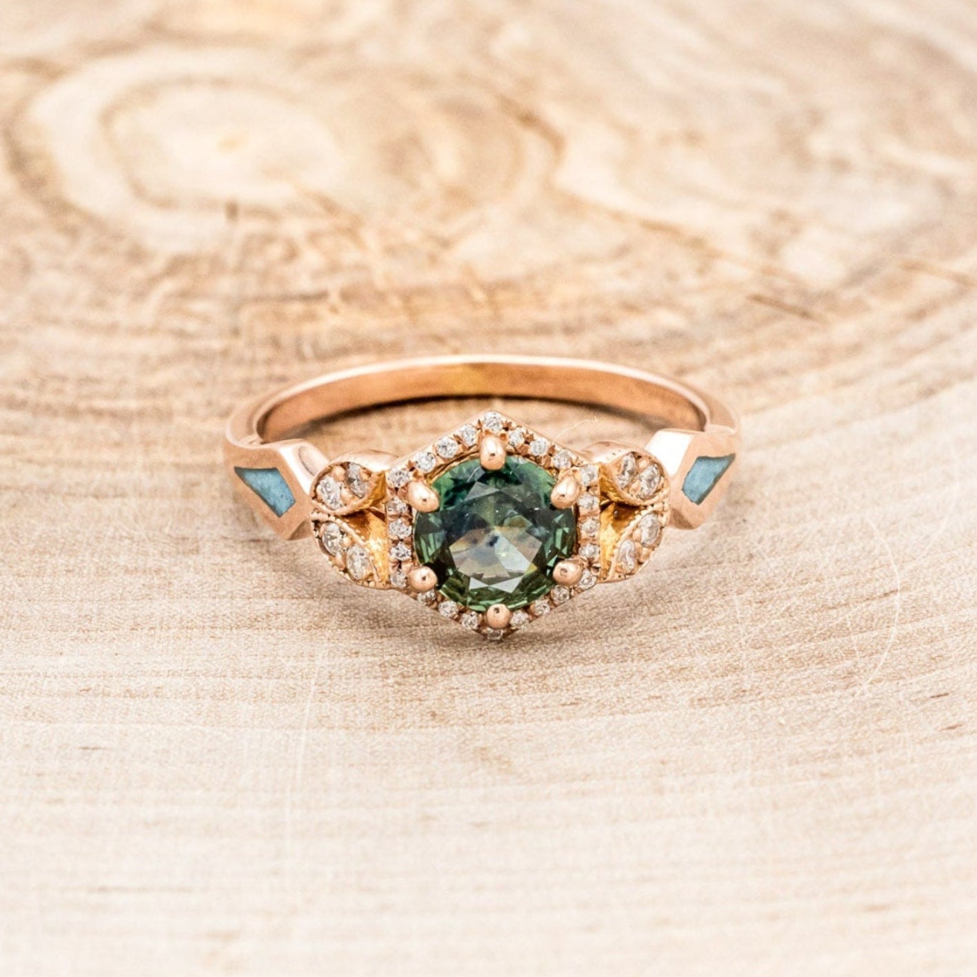 "LUCY IN THE SKY" PETITE - ROUND CUT MONTANA SAPPHIRE ENGAGEMENT RING WITH DIAMOND ACCENTS & TURQUOISE INLAYS-16
