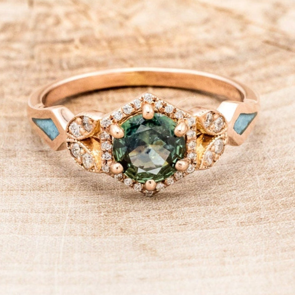 "LUCY IN THE SKY" PETITE - ROUND CUT MONTANA SAPPHIRE ENGAGEMENT RING WITH DIAMOND ACCENTS & TURQUOISE INLAYS-16