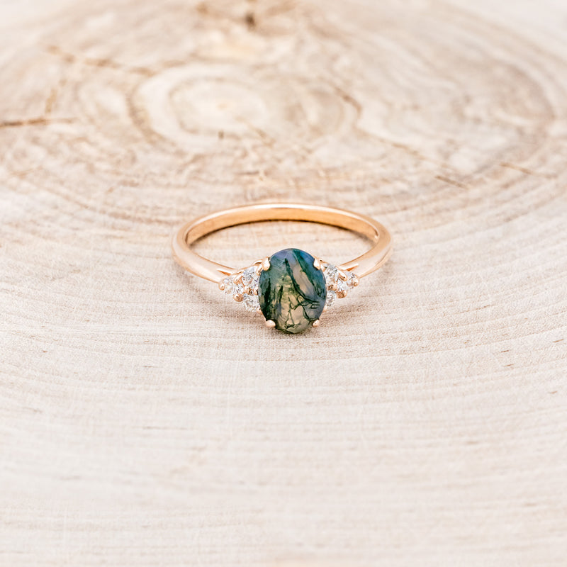 "RHEA" - OVAL MOSS AGATE ENGAGEMENT RING WITH DIAMOND ACCENTS