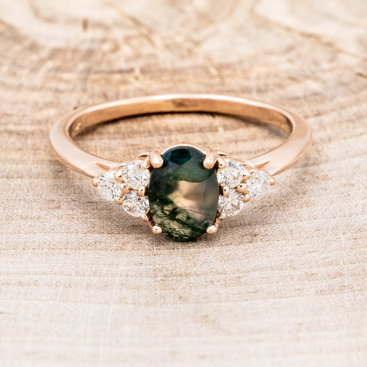 "RHEA" - OVAL MOSS AGATE ENGAGEMENT RING WITH DIAMOND ACCENTS-9