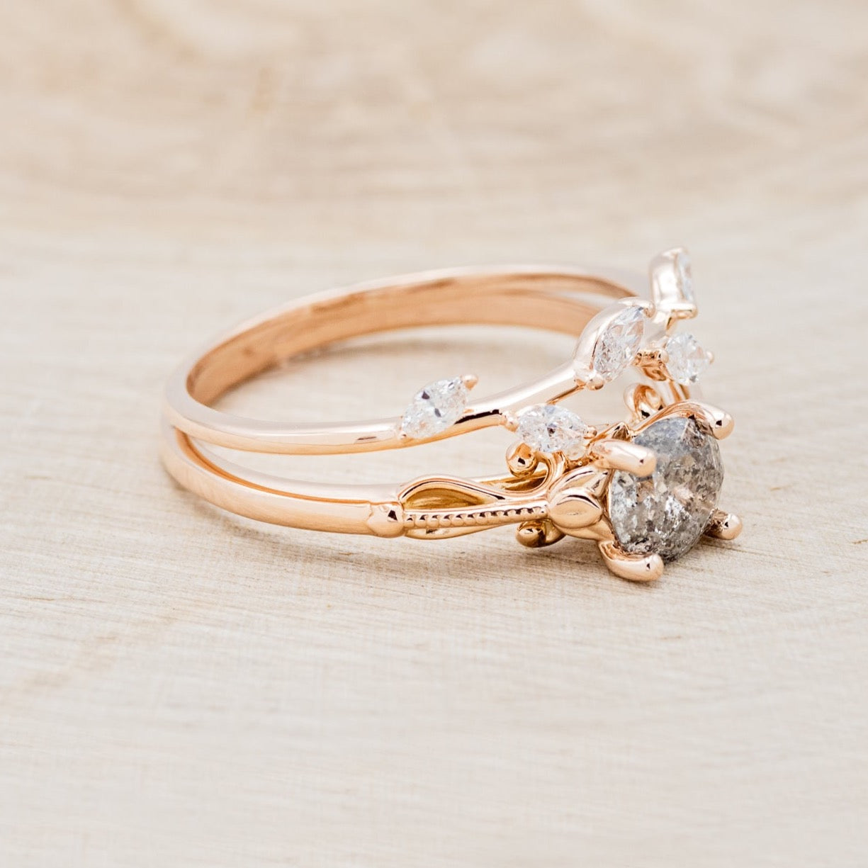 "ROSEMARY" - ENGAGEMENT RING WITH FLORAL DIAMOND STACKING BAND - MOUNTING ONLY - SELECT YOUR OWN STONE-3