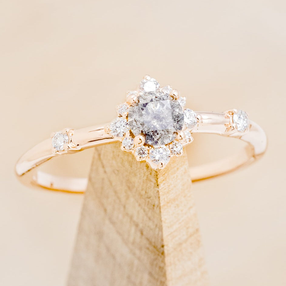 "STARLA" - ROUND CUT SALT & PEPPER DIAMOND ENGAGEMENT RING WITH STARBURST DIAMOND HALO - EXPEDITED-6