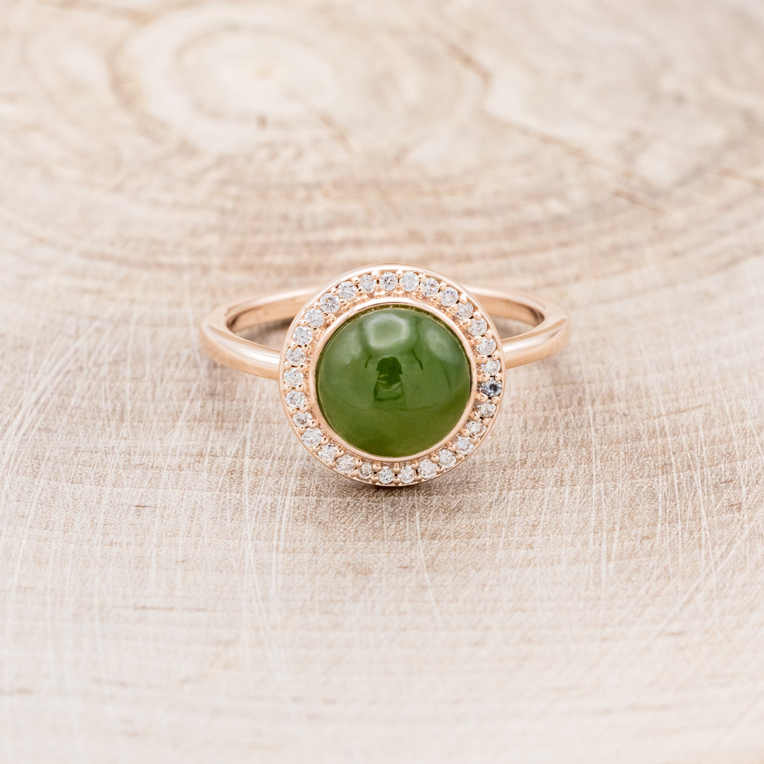 "TERRA" - ROUND CUT JADE ENGAGEMENT RING WITH DIAMOND HALO-10