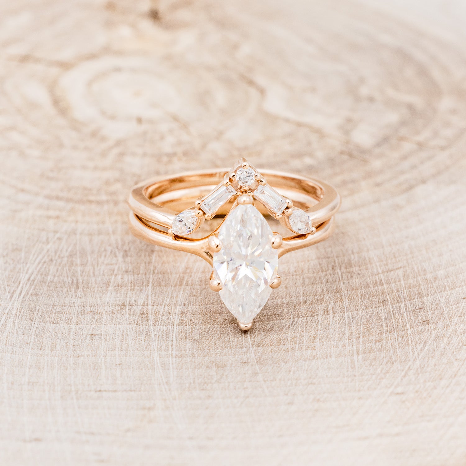 "TULIP" - MARQUISE MOISSANITE ENGAGEMENT RING WITH "MELODY" DIAMOND STACKING BAND-4