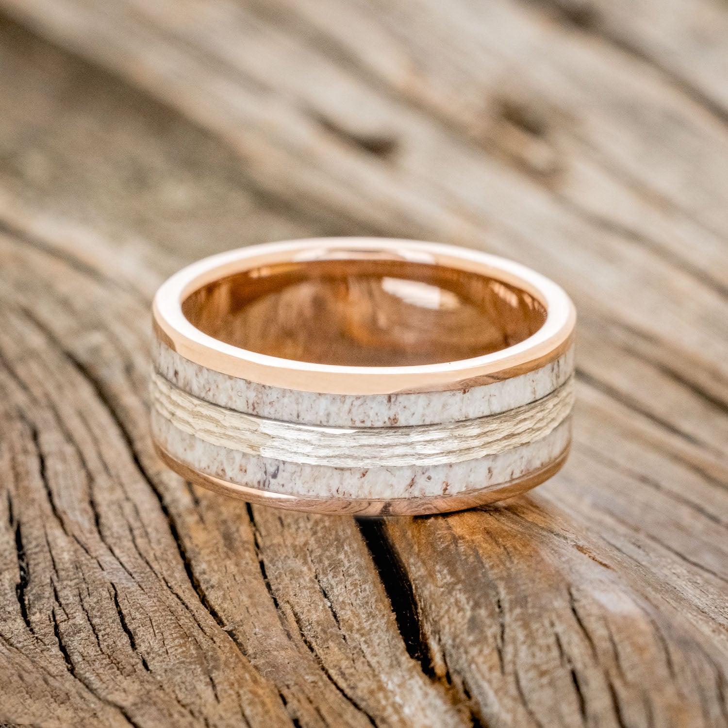 "RYDER" - ANTLER & HAMMERED GOLD INLAY WEDDING RING-6