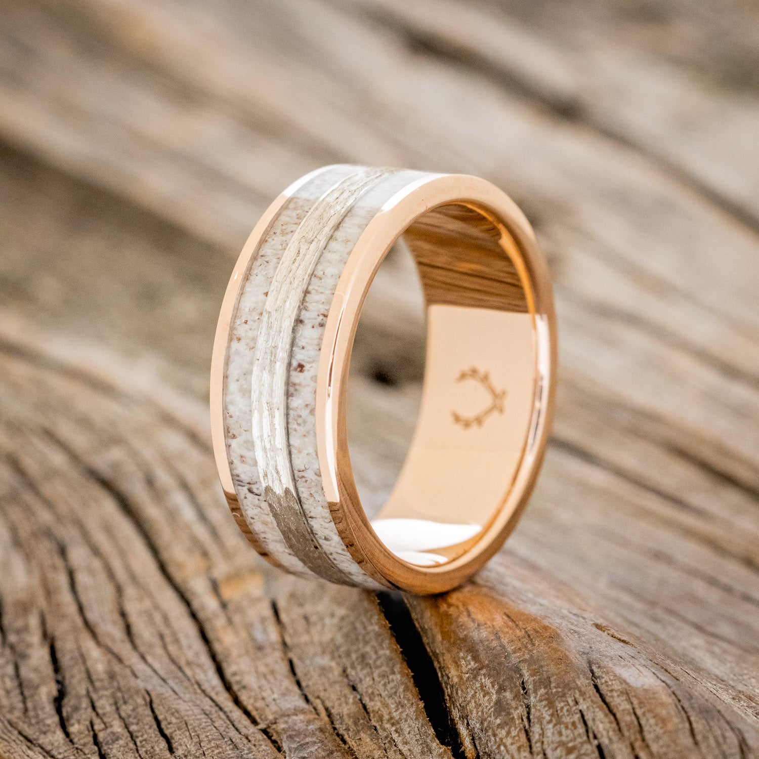 "RYDER" - ANTLER & HAMMERED GOLD INLAY WEDDING RING-4