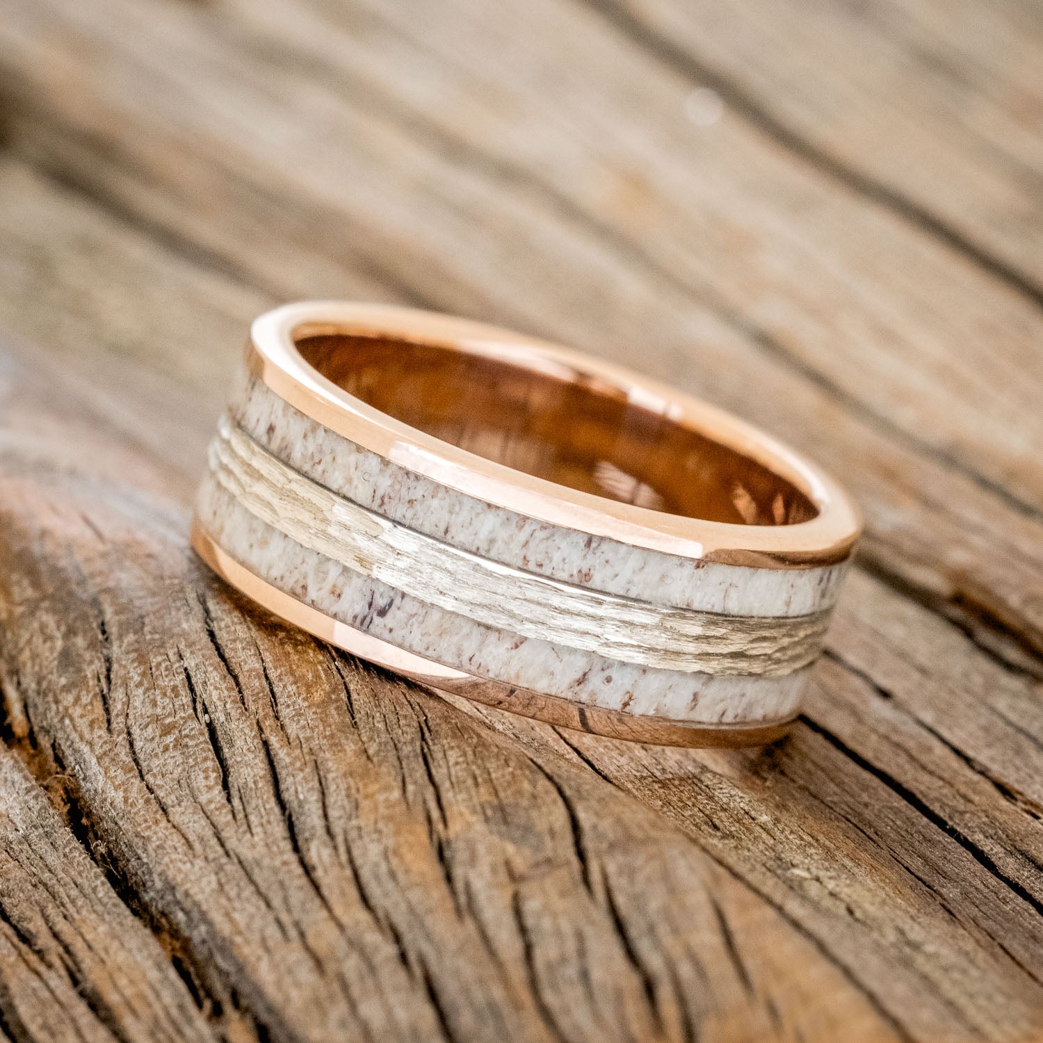 "RYDER" - ANTLER & HAMMERED GOLD INLAY WEDDING RING-5