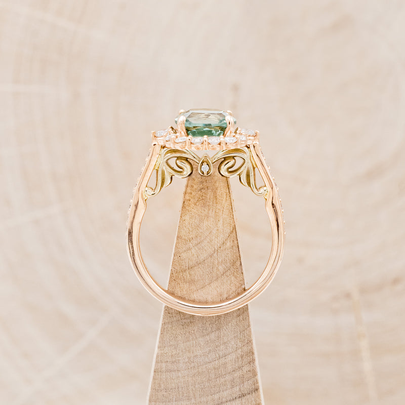 "OPHELIA" - CUSHION CUT LAB-GROWN GREEN SAPPHIRE ENGAGEMENT RING WITH DIAMOND HALO & ACCENTS