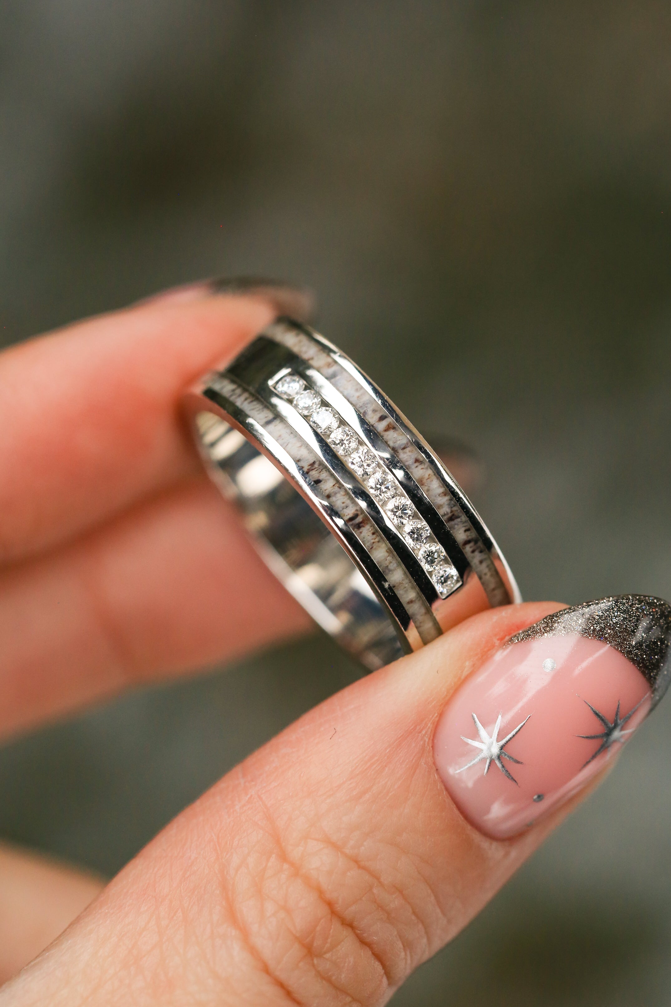 "RYDER" - DIAMONDS & ANTLER INLAYS WEDDING BAND-10