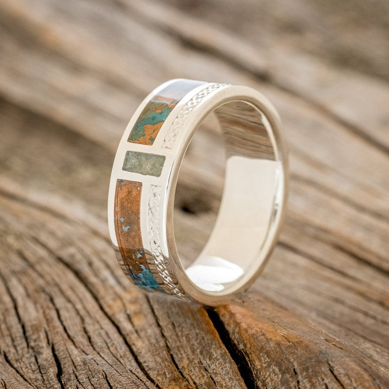 "BOWER" - PATINA COPPER & MOSS AGATE WEDDING BAND WITH CELTIC SAILOR'S KNOT ENGRAVINGS