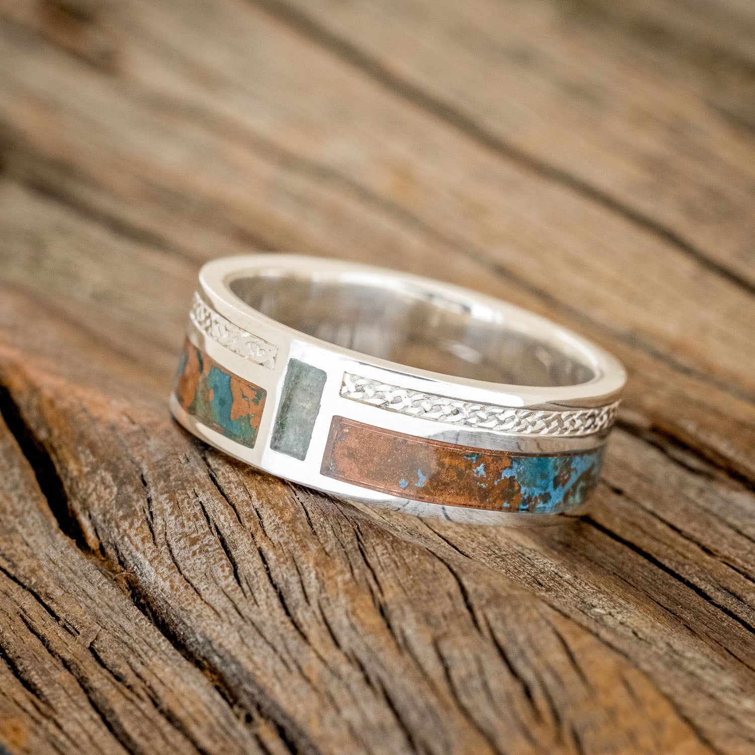 "BOWER" - PATINA COPPER & MOSS AGATE WEDDING BAND WITH CELTIC SAILOR'S KNOT ENGRAVINGS-2