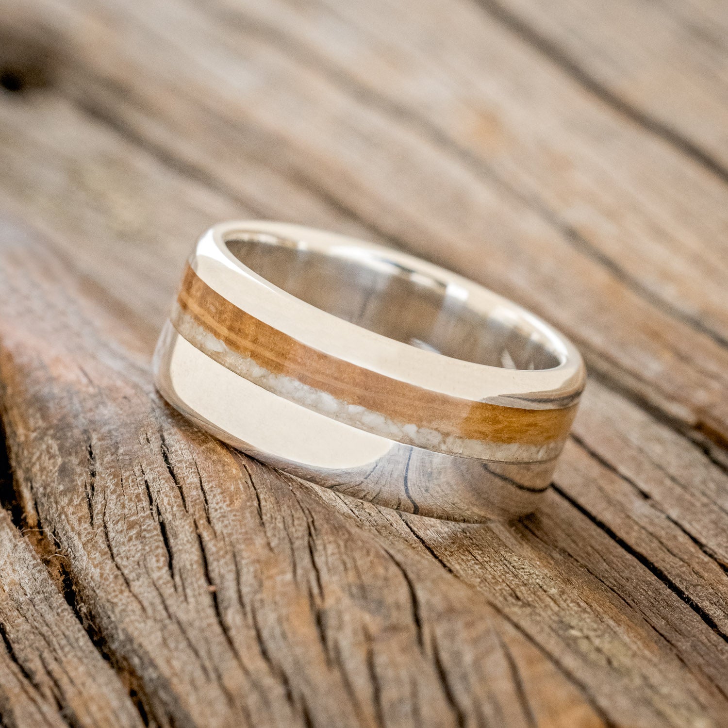 "CASTOR" - ELK TOOTH IVORY & WHISKEY BARREL OAK WEDDING RING-5