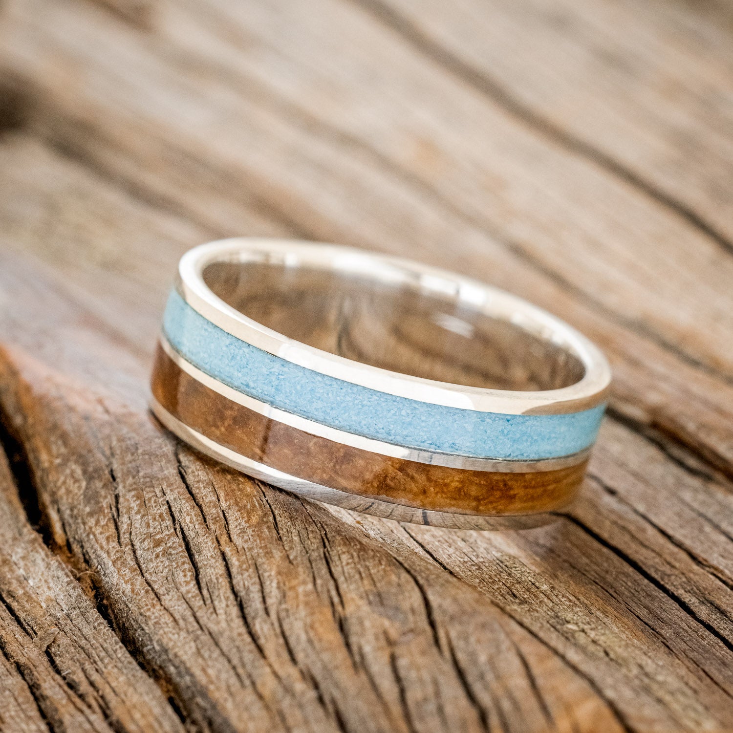 "DYAD" - WHISKEY BARREL OAK & TURQUOISE WEDDING BAND-2