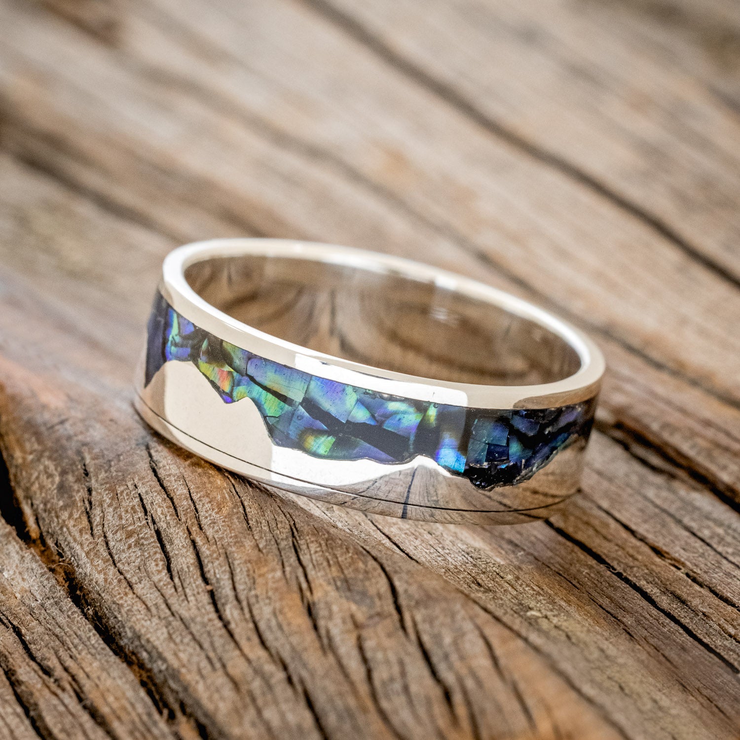 "HELIOS" - PAUA SHELL & SILVER MOUNTAIN RANGE WEDDING RING-8