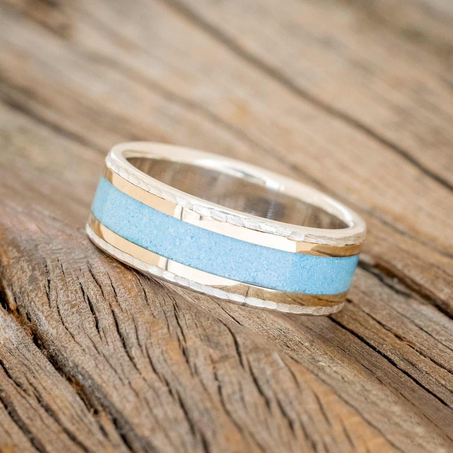 "HOLLIS" - TURQUOISE & 14K YELLOW GOLD INLAYS WEDDING RING FEATURING A HAMMERED BAND-5
