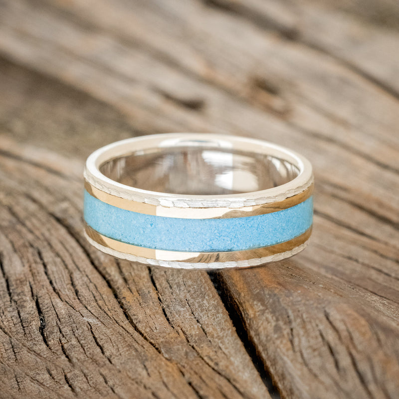 "HOLLIS" - TURQUOISE & 14K YELLOW GOLD INLAYS WEDDING RING FEATURING A HAMMERED BAND