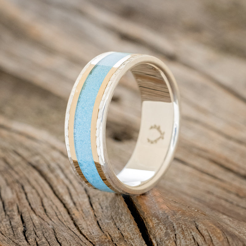 "HOLLIS" - TURQUOISE & 14K YELLOW GOLD INLAYS WEDDING RING FEATURING A HAMMERED BAND