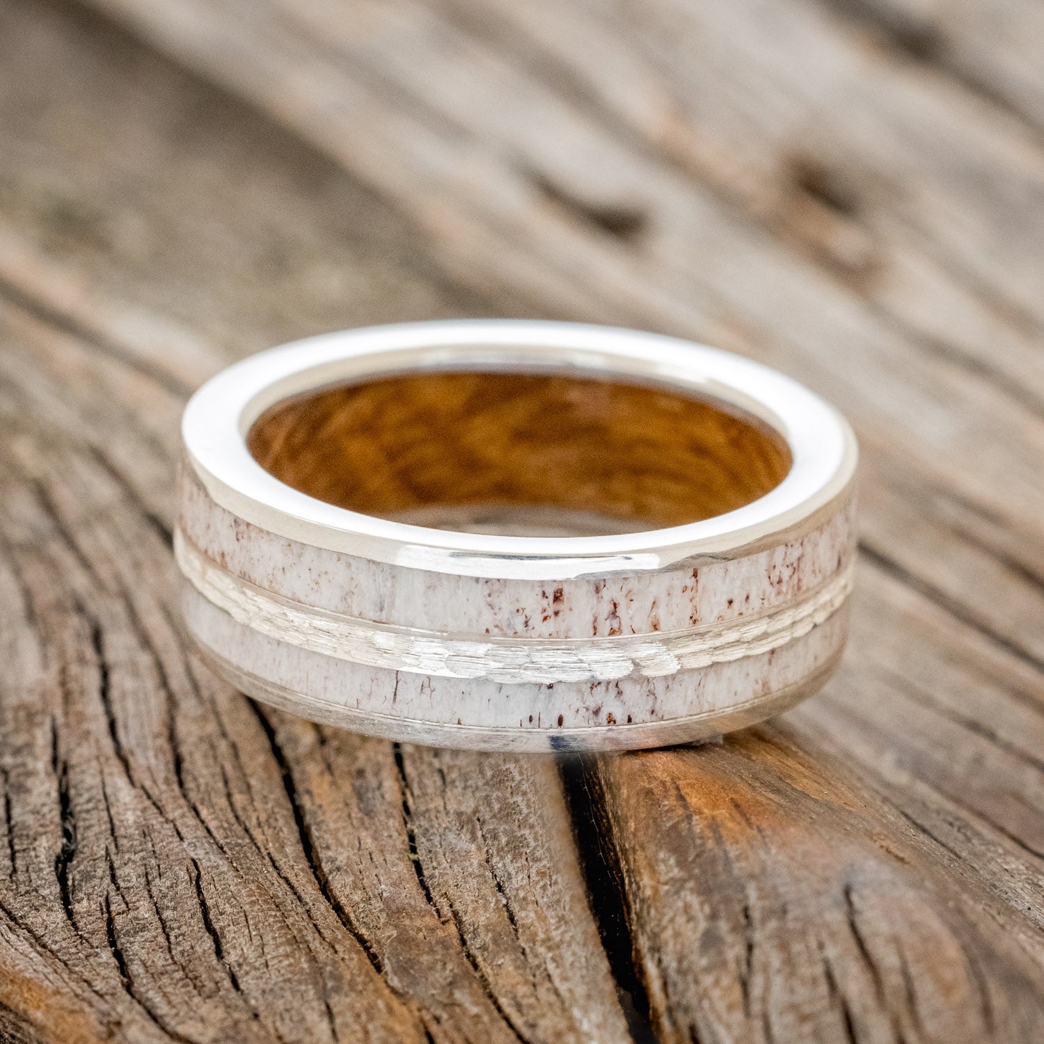 "DYAD" - ANTLER & HAMMERED SILVER INLAY WITH A WHISKEY BARREL LINING WEDDING BAND-3