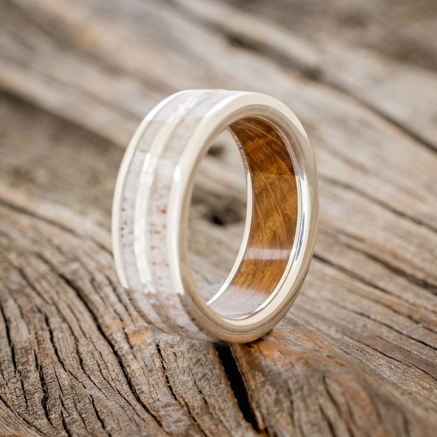 "DYAD" - ANTLER & HAMMERED SILVER INLAY WITH A WHISKEY BARREL LINING WEDDING BAND-4