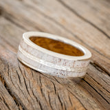 "DYAD" - ANTLER & HAMMERED SILVER INLAY WITH A WHISKEY BARREL LINING WEDDING BAND