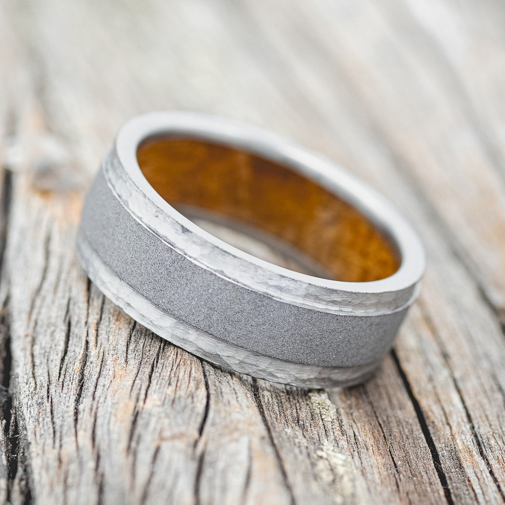 "SEDONA" - WHISKEY BARREL LINED WEDDING RING WITH HAMMERED EDGES & SANDBLASTED CENTER-3
