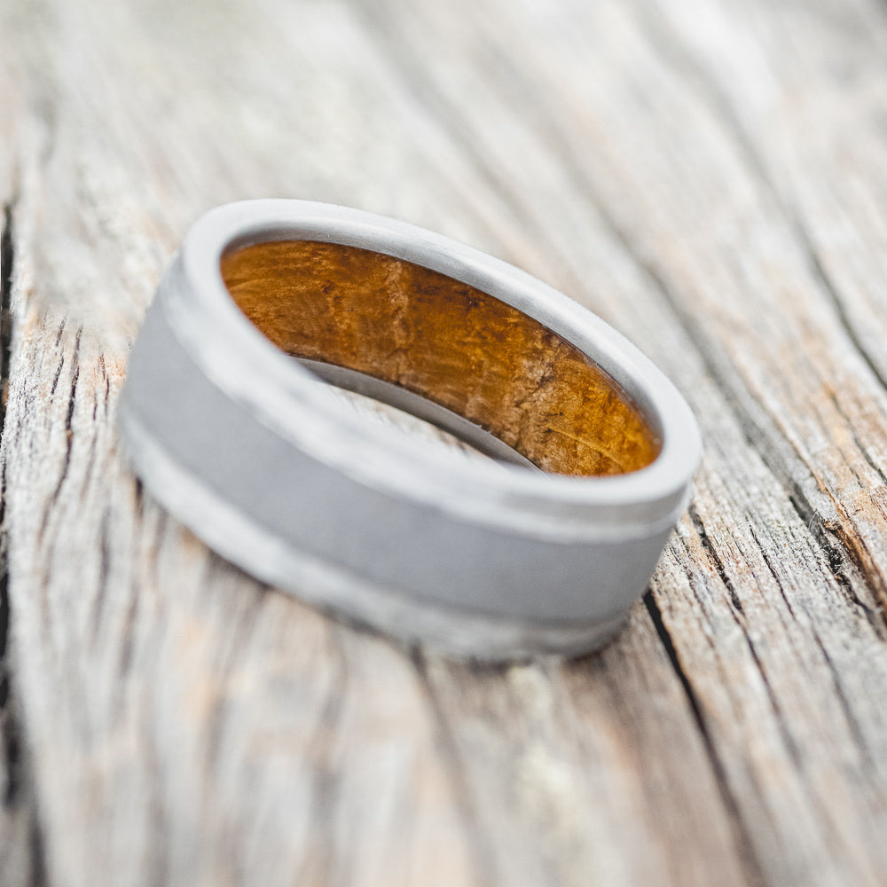 "SEDONA" - WHISKEY BARREL LINED WEDDING RING WITH HAMMERED EDGES & SANDBLASTED CENTER-4