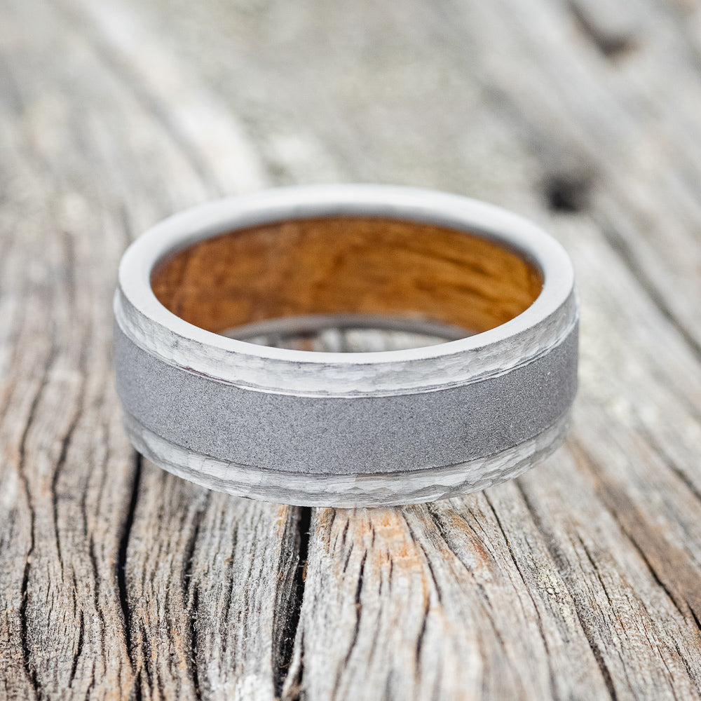 "SEDONA" - WHISKEY BARREL LINED WEDDING RING WITH HAMMERED EDGES & SANDBLASTED CENTER-6