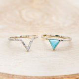 Shown here is "Jenny From The Block", a dainty-style triangle turquoise women's engagement ring with a diamond v-shaped tracer, laying together. Many other center stone options are available upon request.