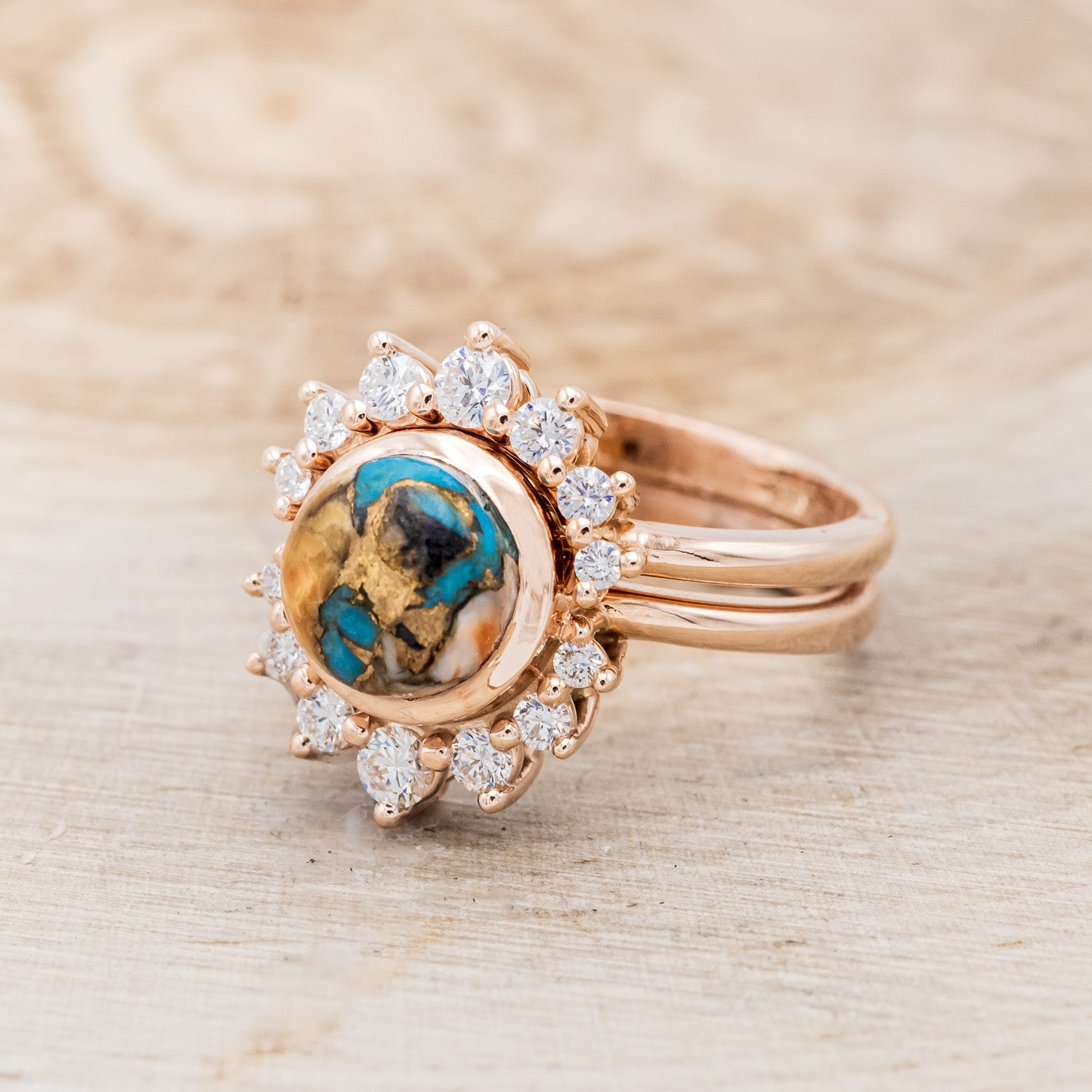 "ESMERALDA" - ROUND CUT SPINY OYSTER TURQUOISE WEDDING BAND WITH DIAMOND ACCENTS-3