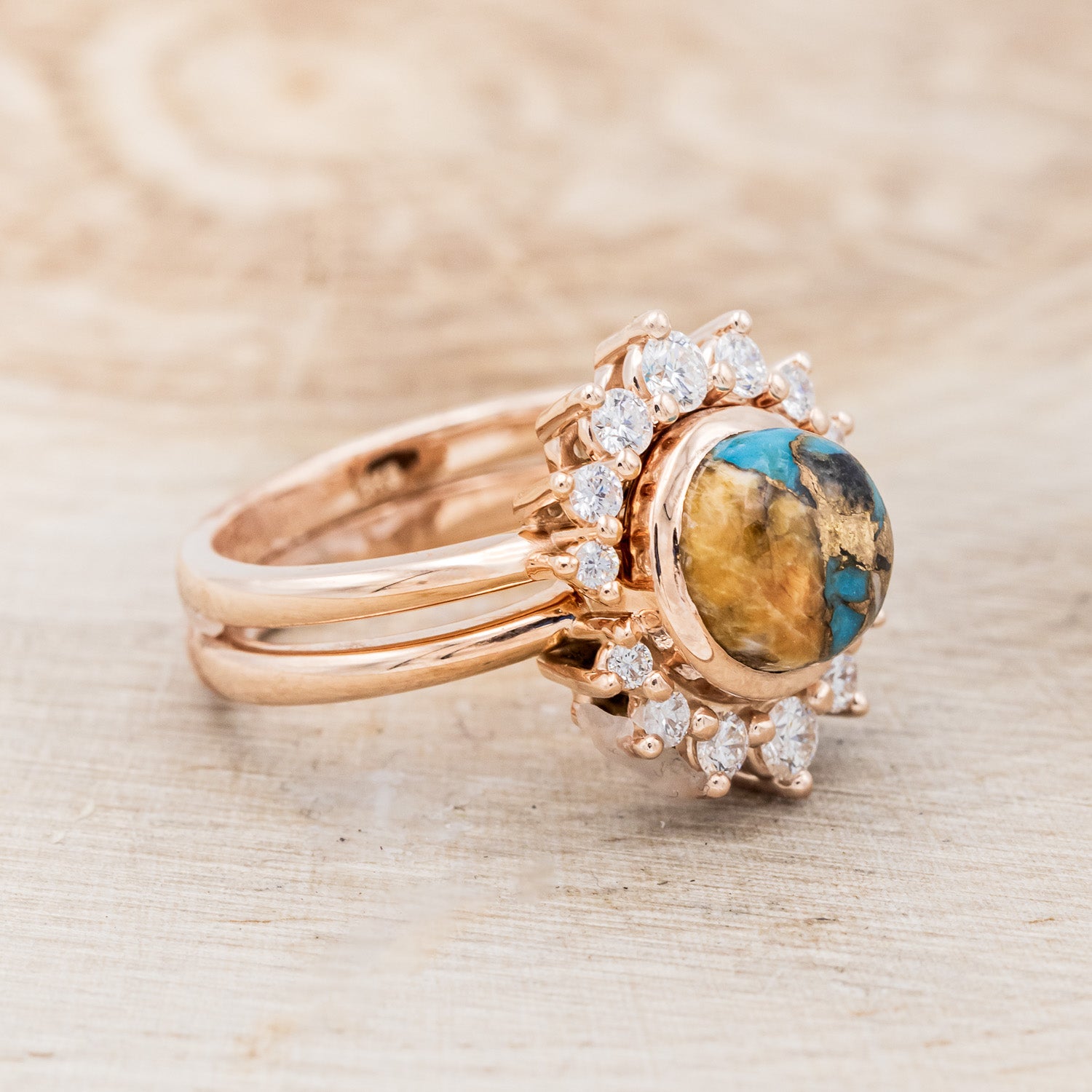 "ESMERALDA" - ROUND CUT SPINY OYSTER TURQUOISE WEDDING BAND WITH DIAMOND ACCENTS-2