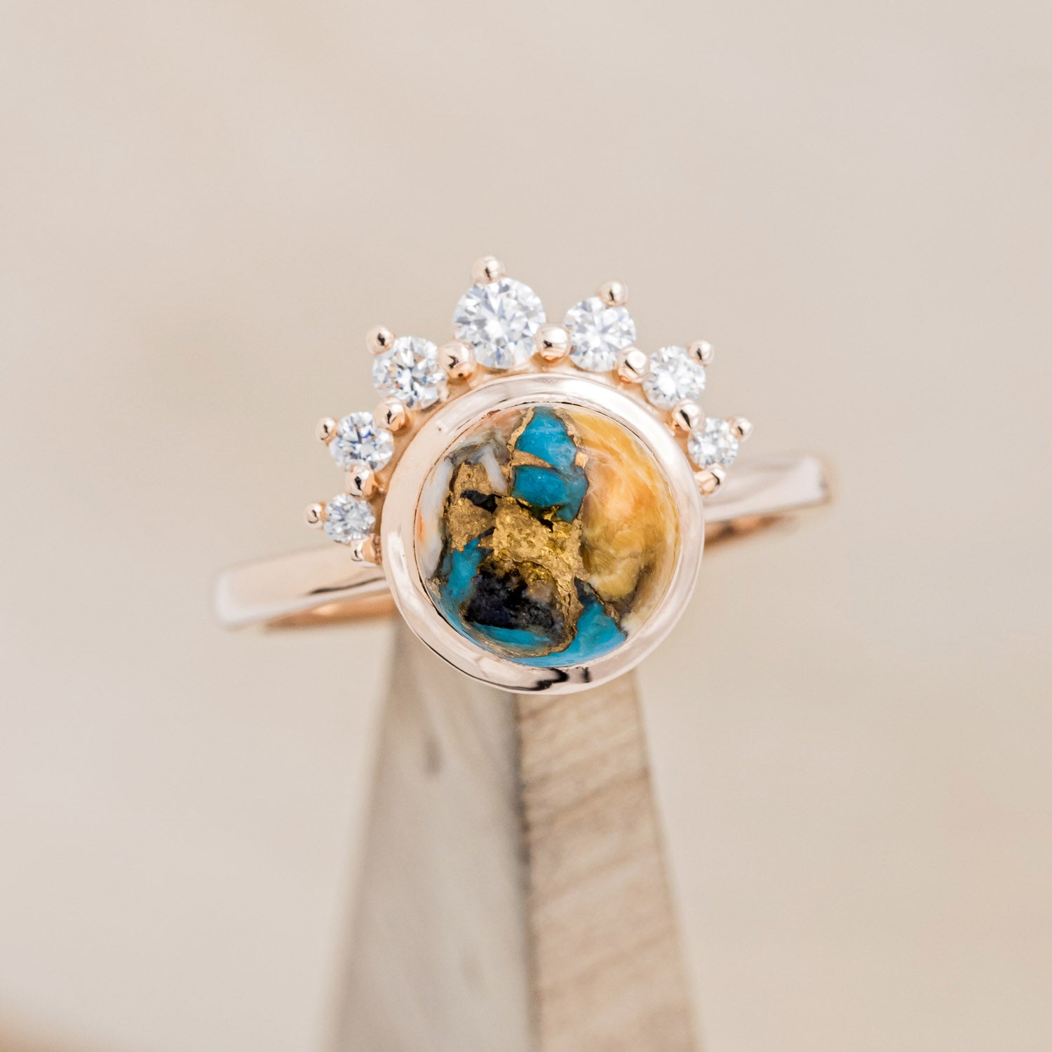 "ESMERALDA" - ROUND CUT SPINY OYSTER TURQUOISE WEDDING BAND WITH DIAMOND ACCENTS-7