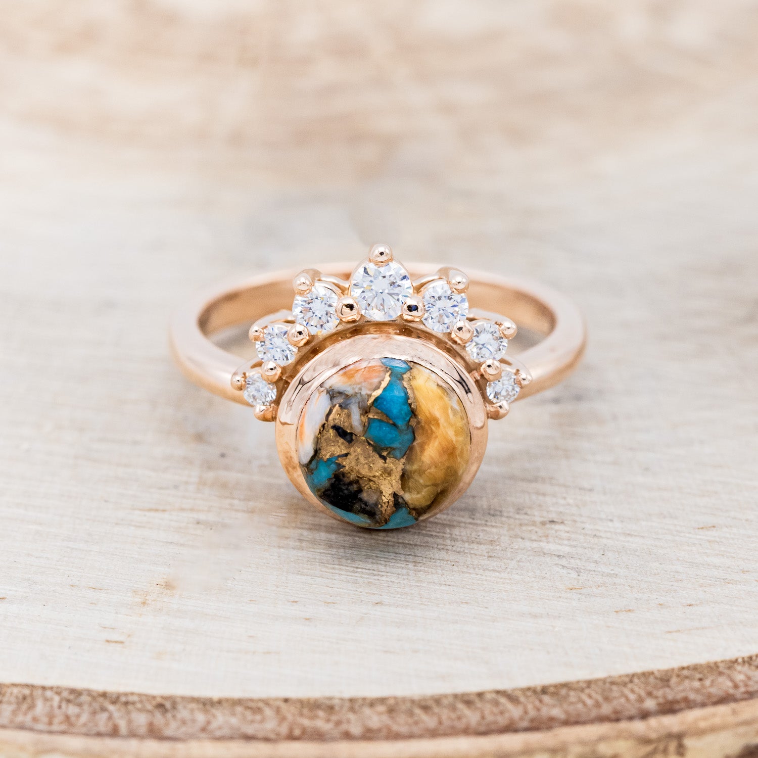 "ESMERALDA" - ROUND CUT SPINY OYSTER TURQUOISE WEDDING BAND WITH DIAMOND ACCENTS-10