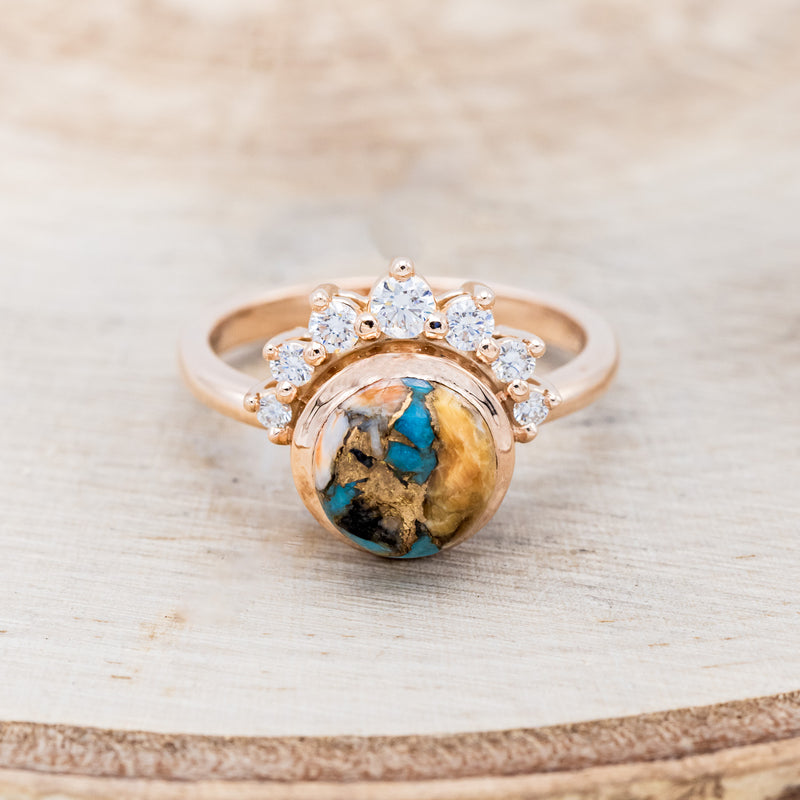 "ESMERALDA" - ROUND CUT SPINY OYSTER TURQUOISE WEDDING BAND WITH DIAMOND ACCENTS-10