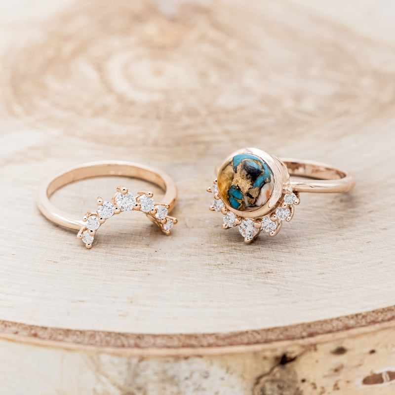 Shown here is "Esmeralda", a round cut spiny oyster turquoise women's engagement ring with diamond accents and a diamond tracer, laying together. Many other center stone options are available upon request.