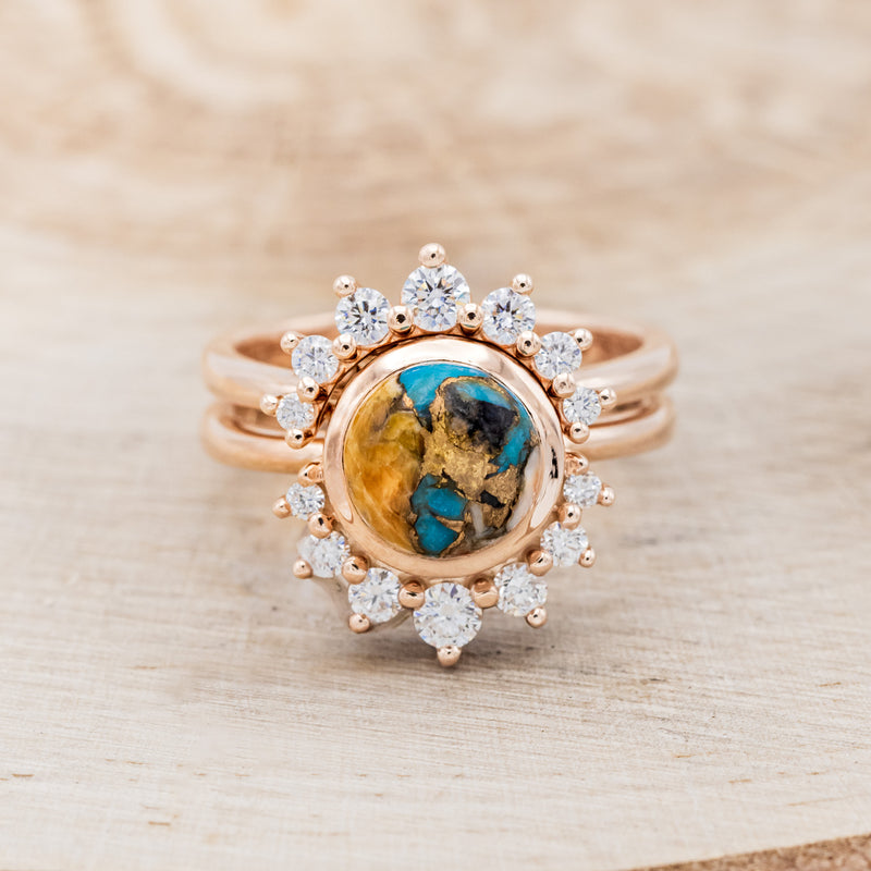 "ESMERALDA" - ROUND CUT SPINY OYSTER TURQUOISE WEDDING BAND WITH DIAMOND ACCENTS-4